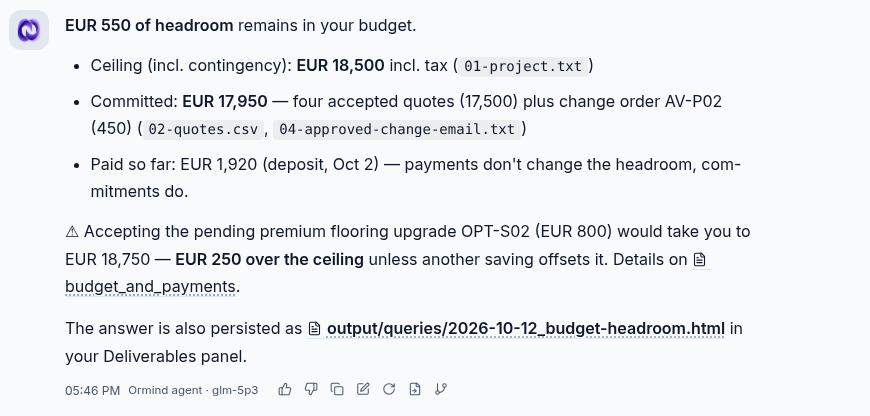 An Ormind answer: EUR 550 of headroom left in the budget, each figure with its source document